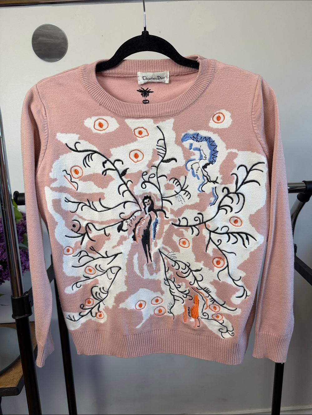 Dior Pink Crewneck Sweater with Multicolor Embroidery